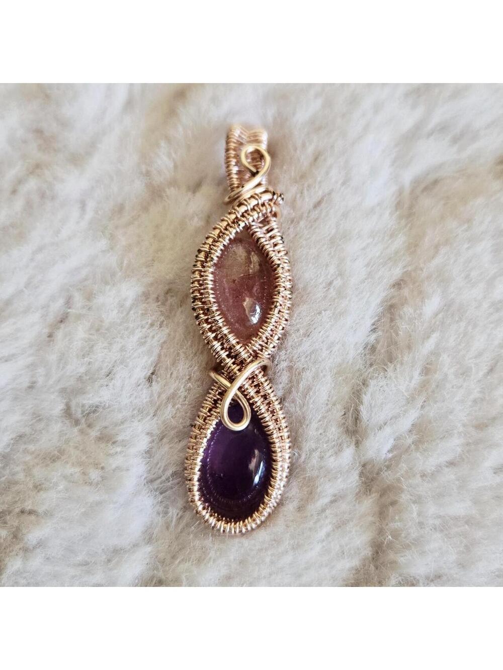 ✨️ Wire Wrapped Two-Stone Pendant Necklace - Amethyst & Pink Quartz 🔮
